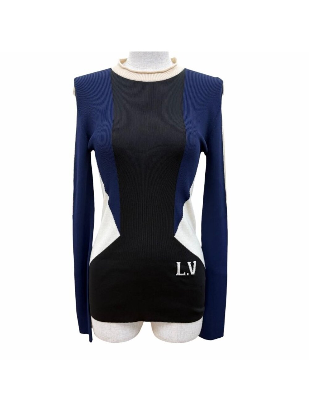 Louis Vuitton Wool Silk LV Logo Long Sleeve Knit Navy Black White Sweater XS